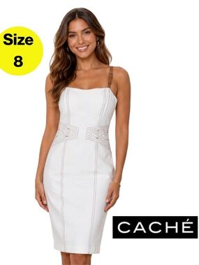 2/for $20 🪩 CACHE White Midi Sheath Dress, Belted Spaghetti Straps (Women’s 8)
